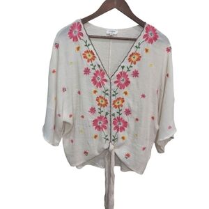 Umgee Cream Floral Embroidered  Tie Front Boho/Hippie Blouse